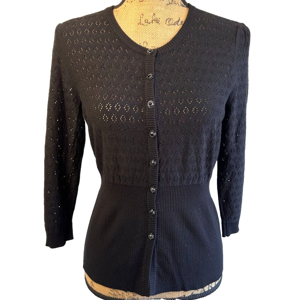 Etcetera Women’s Black Pointelle Knit Button Front Cardigan Sweater Sz M